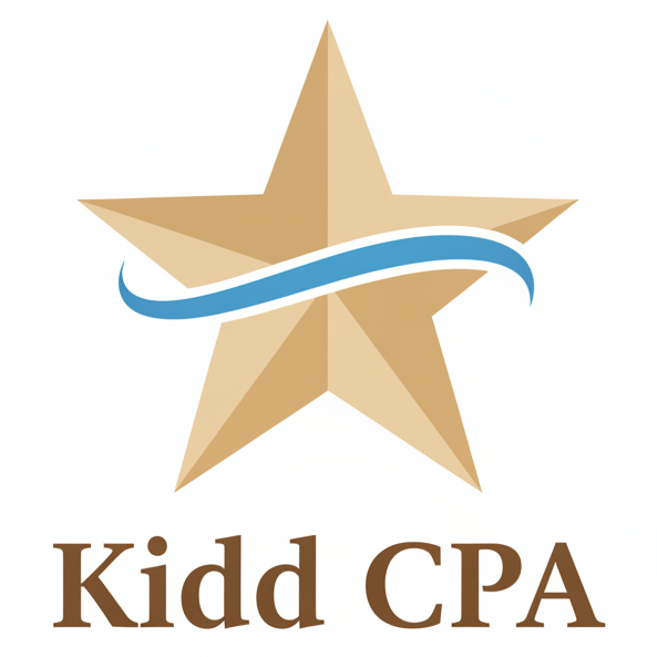 A professional logo for "Kidd CPA" featuring a star shape with a swoosh/ribbon element cutting through it. The star and text use warm beige and tan colors (such as #C8A882, #D4B896, #E8D5B7) instead of dark navy blue. The swoosh/ribbon accent uses medium blue tones similar to the original. The text "Kidd CPA" appears below the star in a clean, professional serif or semi-serif font in a warm tan or dark brown color. Clean white background. Modern, professional accounting firm aesthetic.